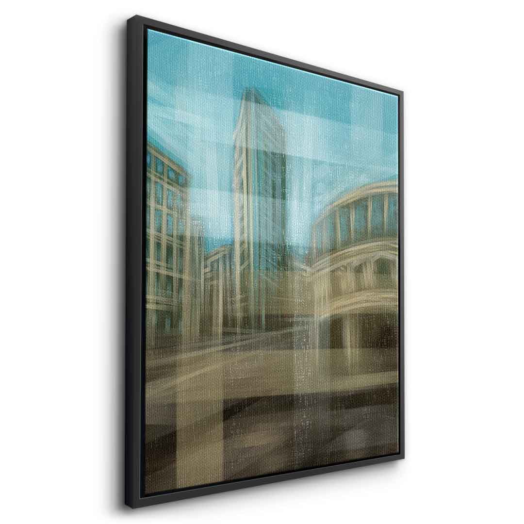 City in the Embrace of Golden Mist Leinwandbild Seitenansicht schwarzer Rahmen