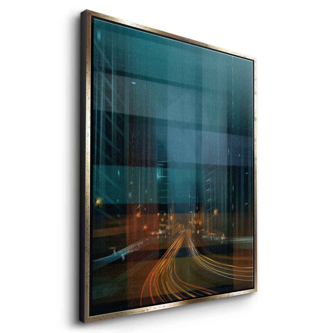 City in the Rhythm of Light Leinwandbild Seitenansicht goldener Rahmen