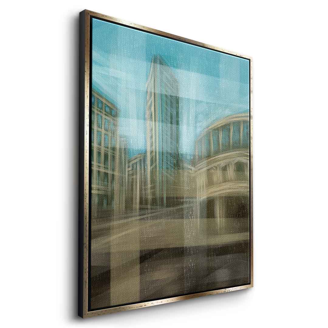 City in the Embrace of Golden Mist Leinwandbild Seitenansicht goldener Rahmen