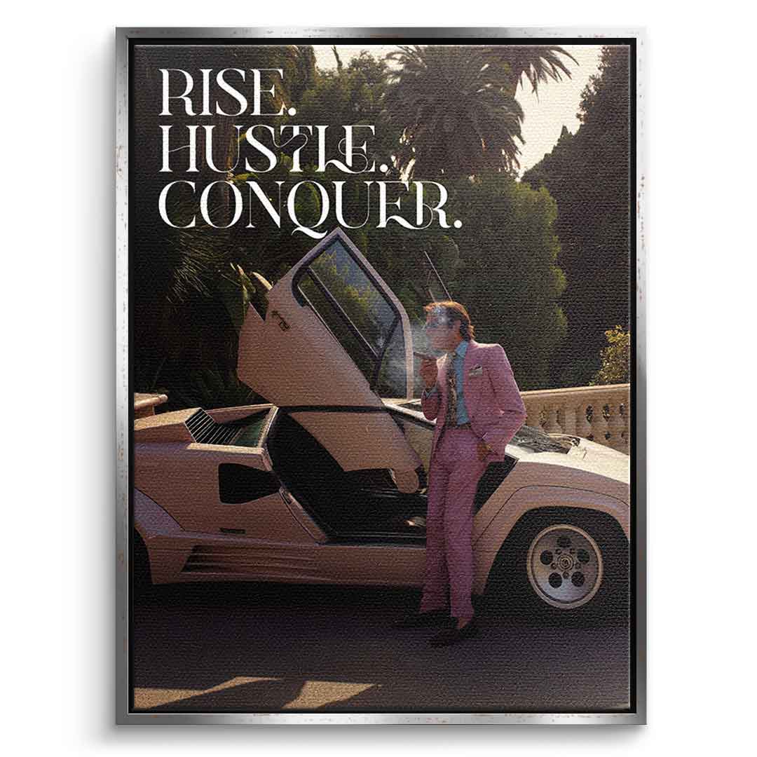 DOTCOMCANVAS Rise. Hustle. Conquer. Leinwandbild Silberner Rahmen Vorderansicht