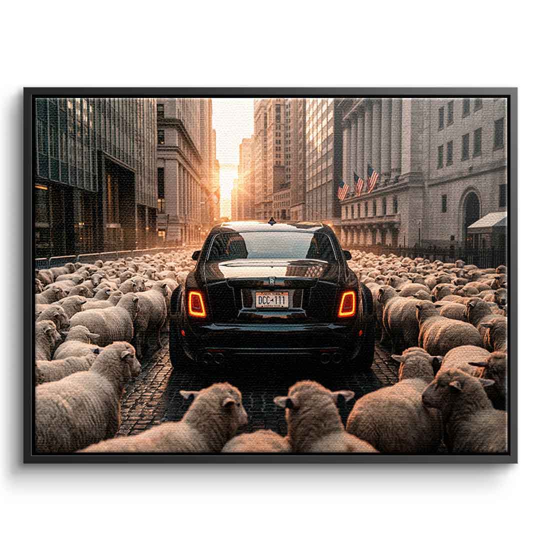 DOTCOMCANVAS Rolls Roys & Sheeps Leinwandbild Frontansicht schwarzer Rahmen