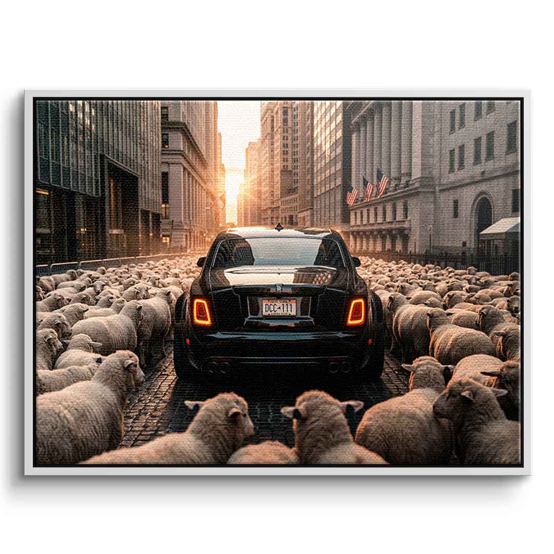 DOTCOMCANVAS Rolls Roys & Sheeps Leinwandbild Frontansicht weißer Rahmen