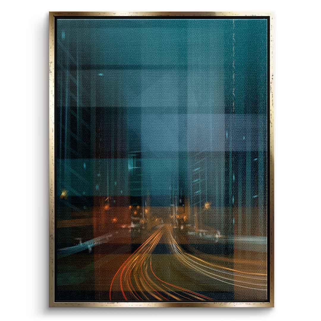 City in the Rhythm of Light Leinwandbild Vorderansicht goldener Rahmen