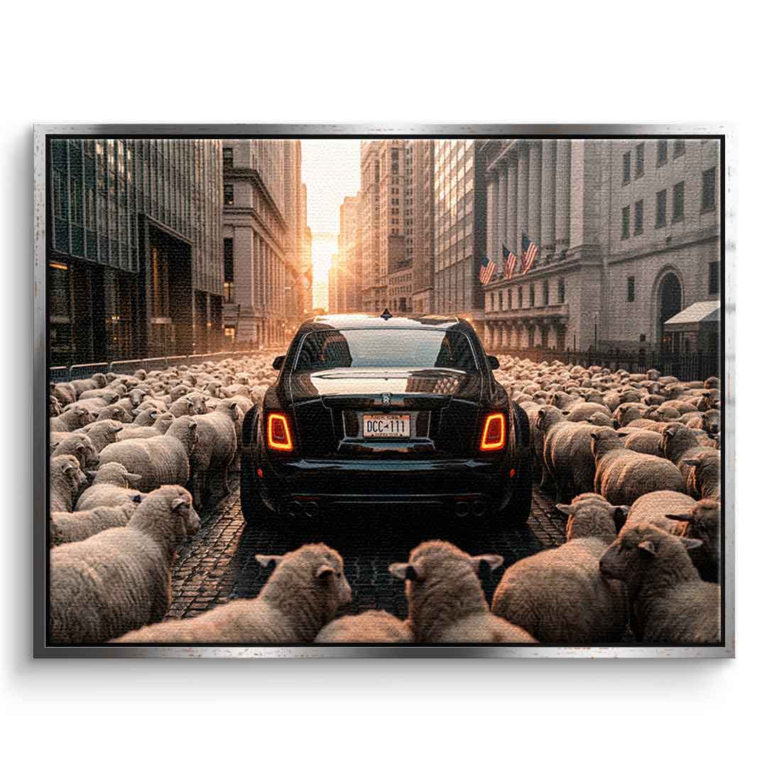 DOTCOMCANVAS Rolls Roys & Sheeps Leinwandbild Frontansicht goldener Rahmen