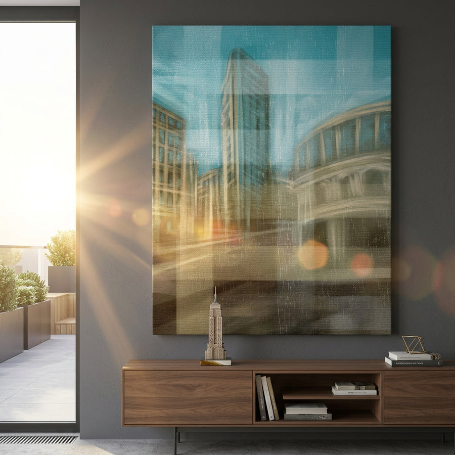 City in the Embrace of Golden Mist Leinwandbild im Raum