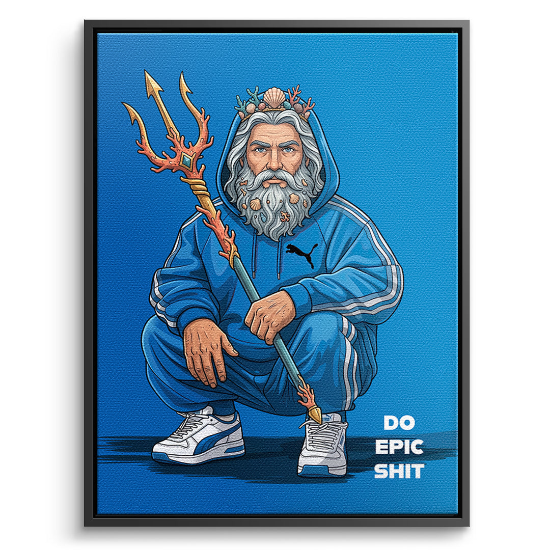 Poseidon Swag Leinwandbild Frontansicht Schwarzer Rahmen