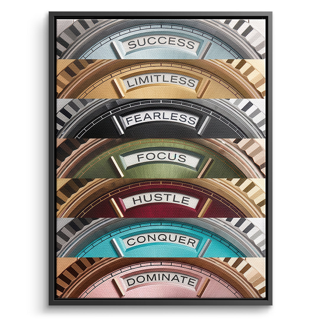 DOTCOMCANVAS Motivation Rolexs Leinwandbild Vorderansicht schwarzer Rahmen