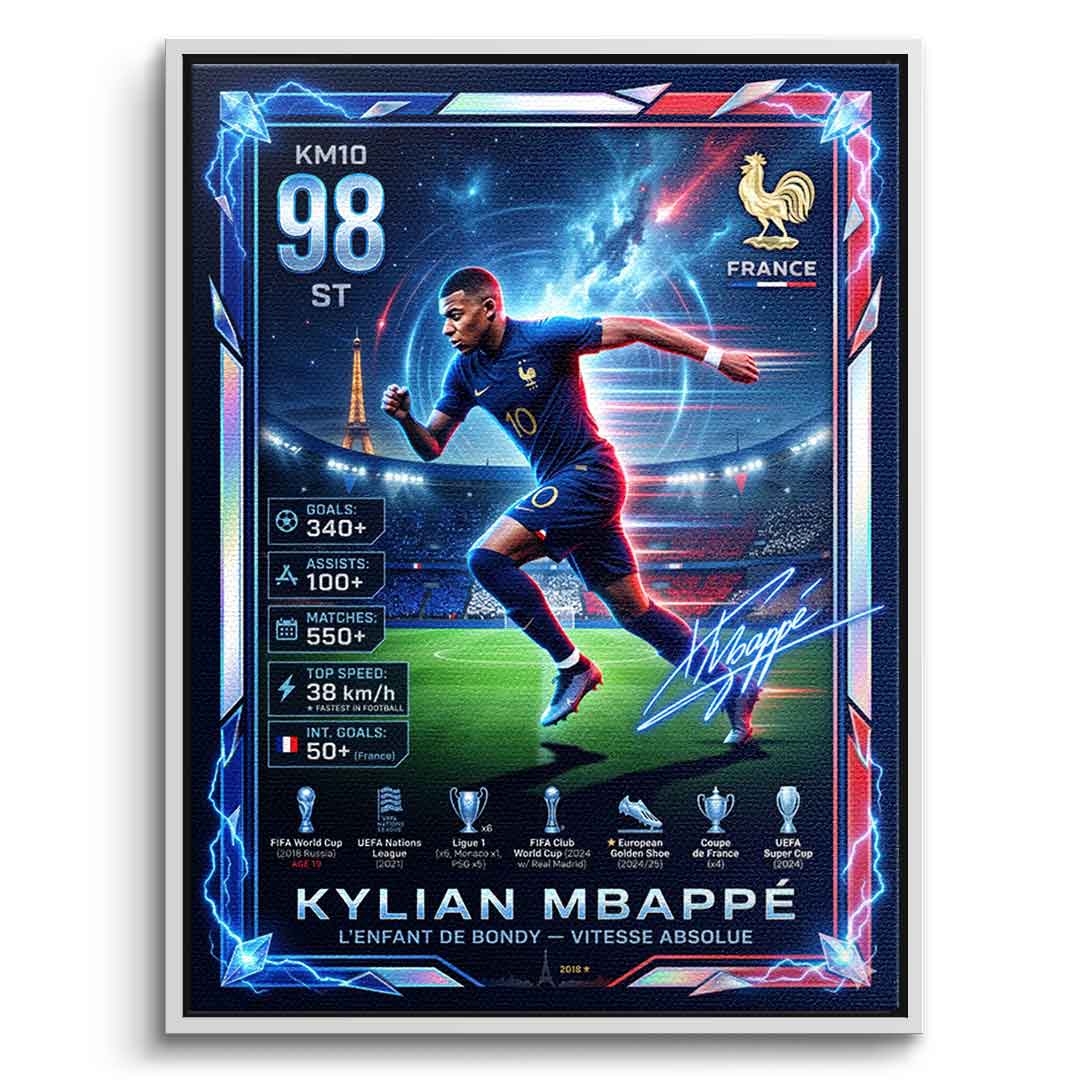 Mbappé Trade Card Leinwandbild weißer Rahmen