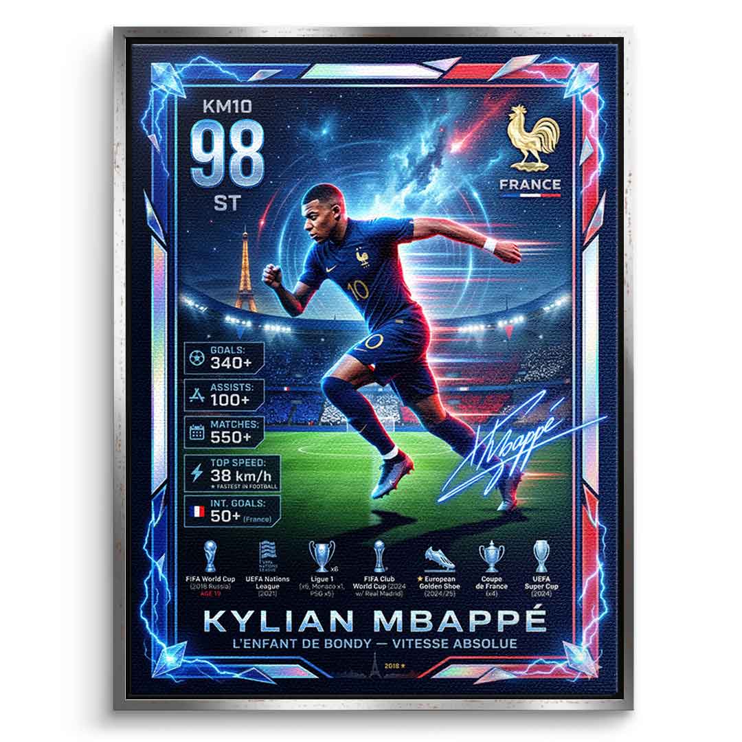 Mbappé Trade Card Leinwandbild schwarzer Rahmen