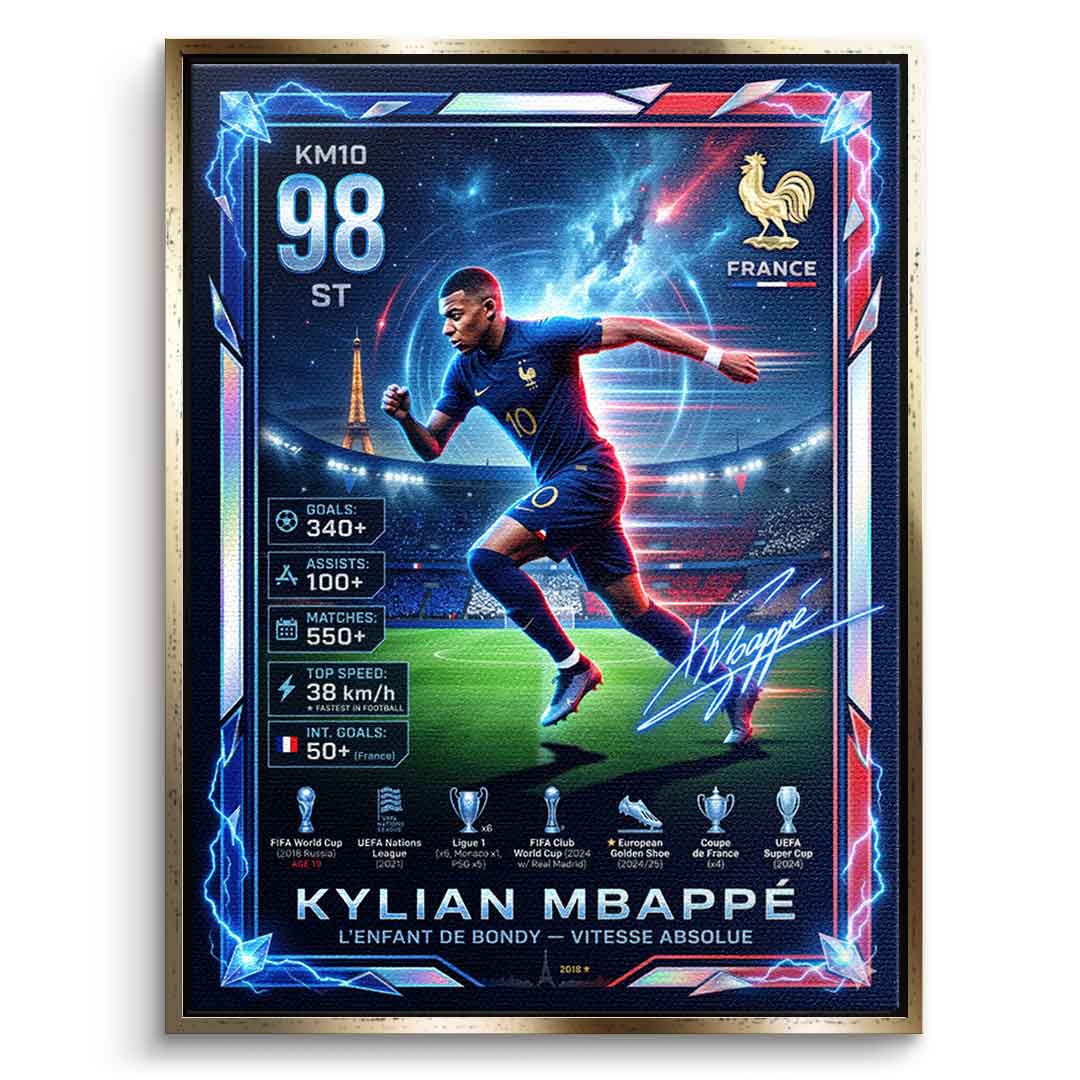 Mbappé Trade Card Leinwandbild goldener Rahmen