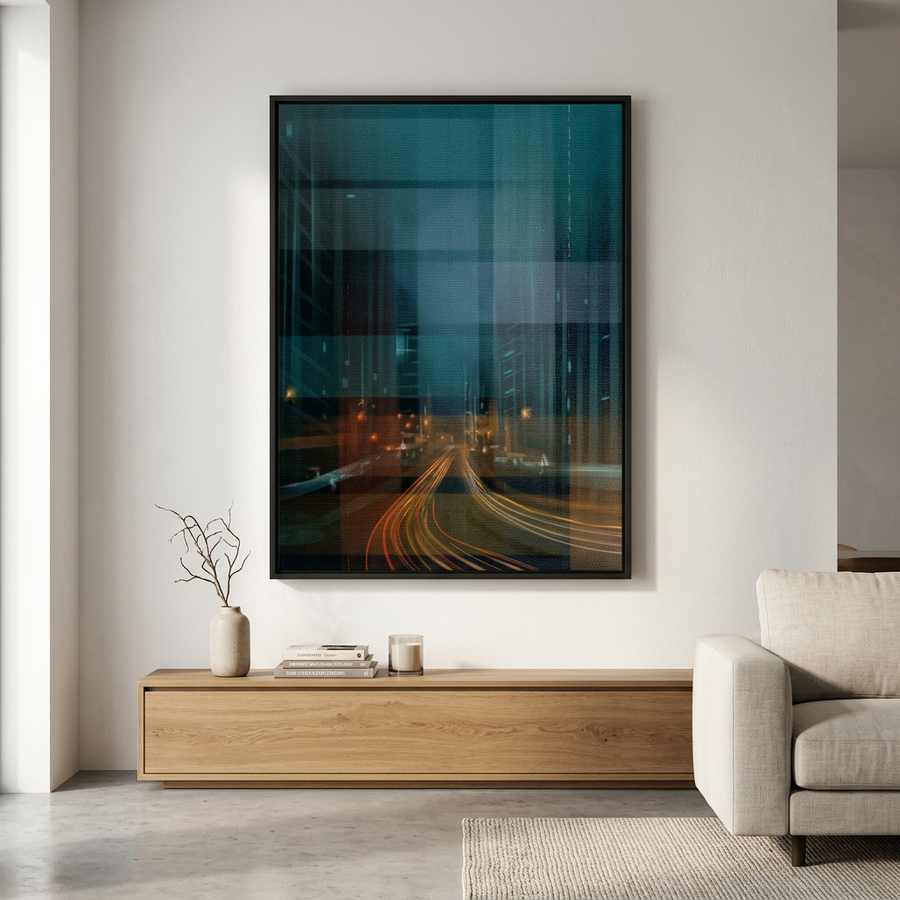 City in the Rhythm of Light Leinwandbild Room Mockup