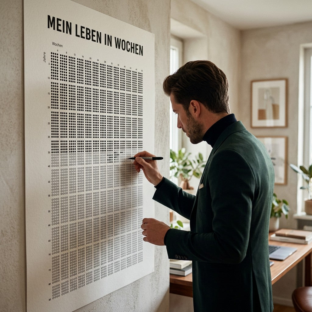 Mann markiert eine Woche auf dem Poster Mein Leben in Wochen