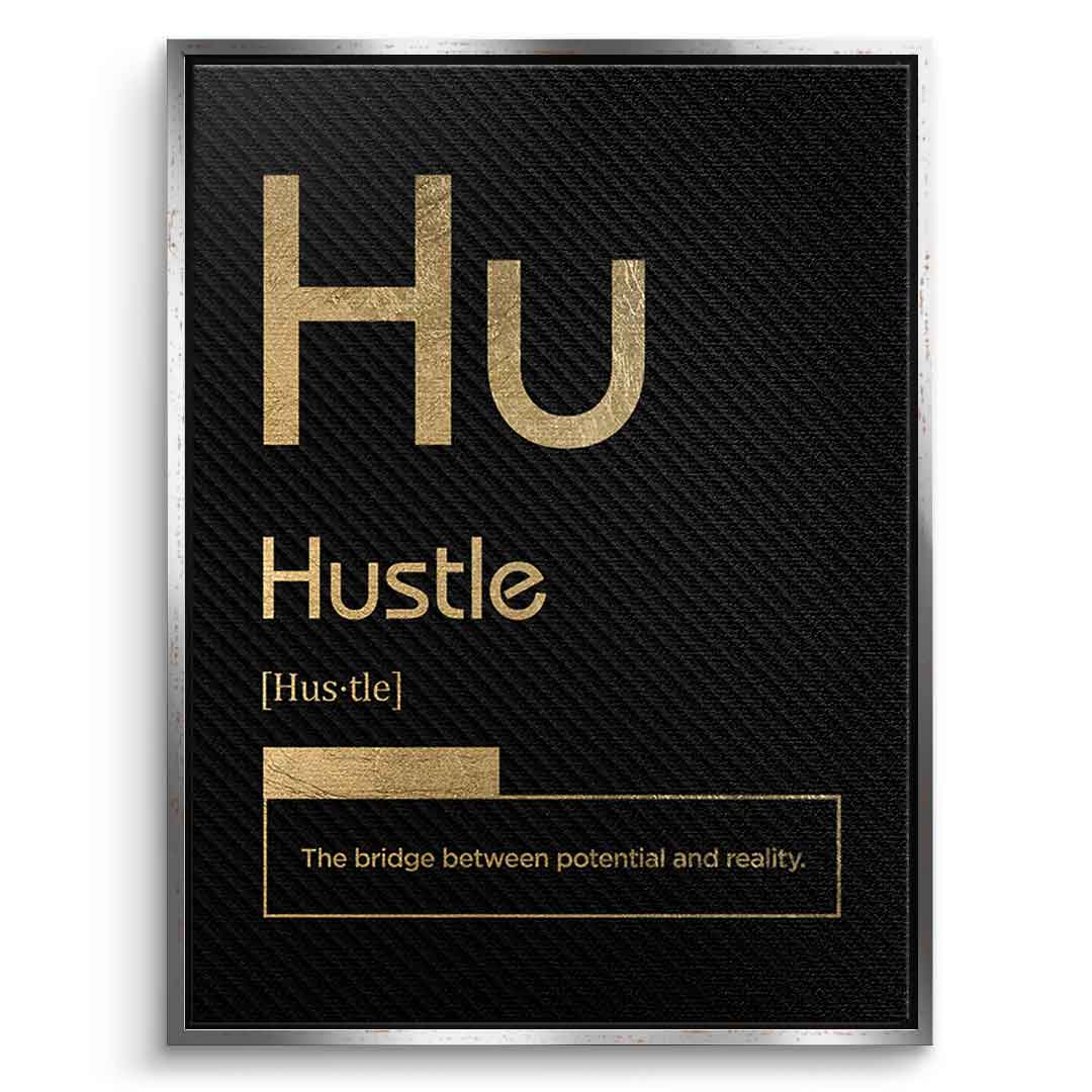Hustle Leinwandbild Version Schwarz – Frontansicht mit schwarzem Rahmen | DOTCOMCANVAS® Motivation Typografie Wandbild