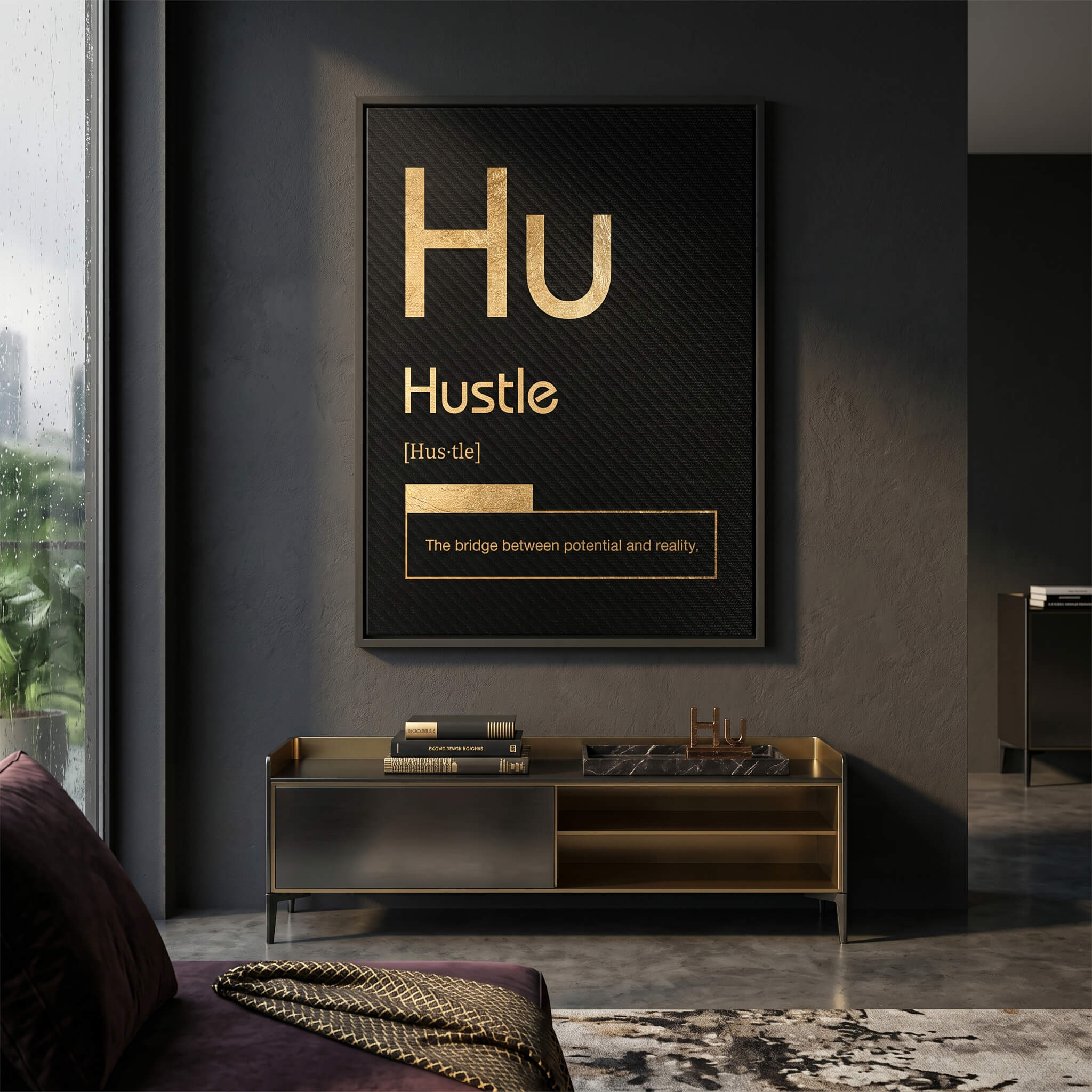 Hustle Leinwandbild Version Schwarz im Raum – Motivation Typografie Wandbild von DOTCOMCANVAS®