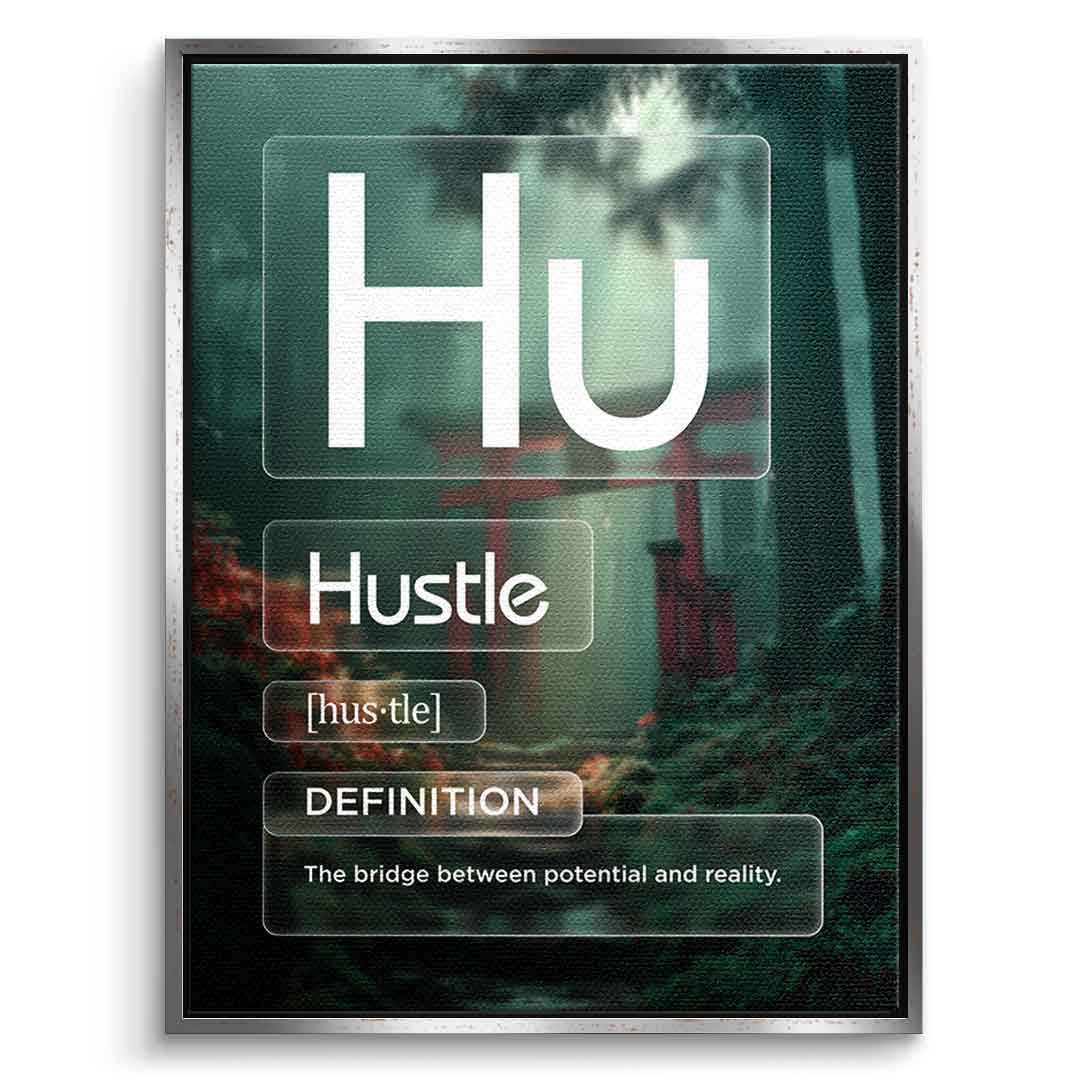 Hustle Leinwandbild Version Farbig – Frontansicht mit schwarzem Rahmen | DOTCOMCANVAS® Motivation Typografie Wandbild