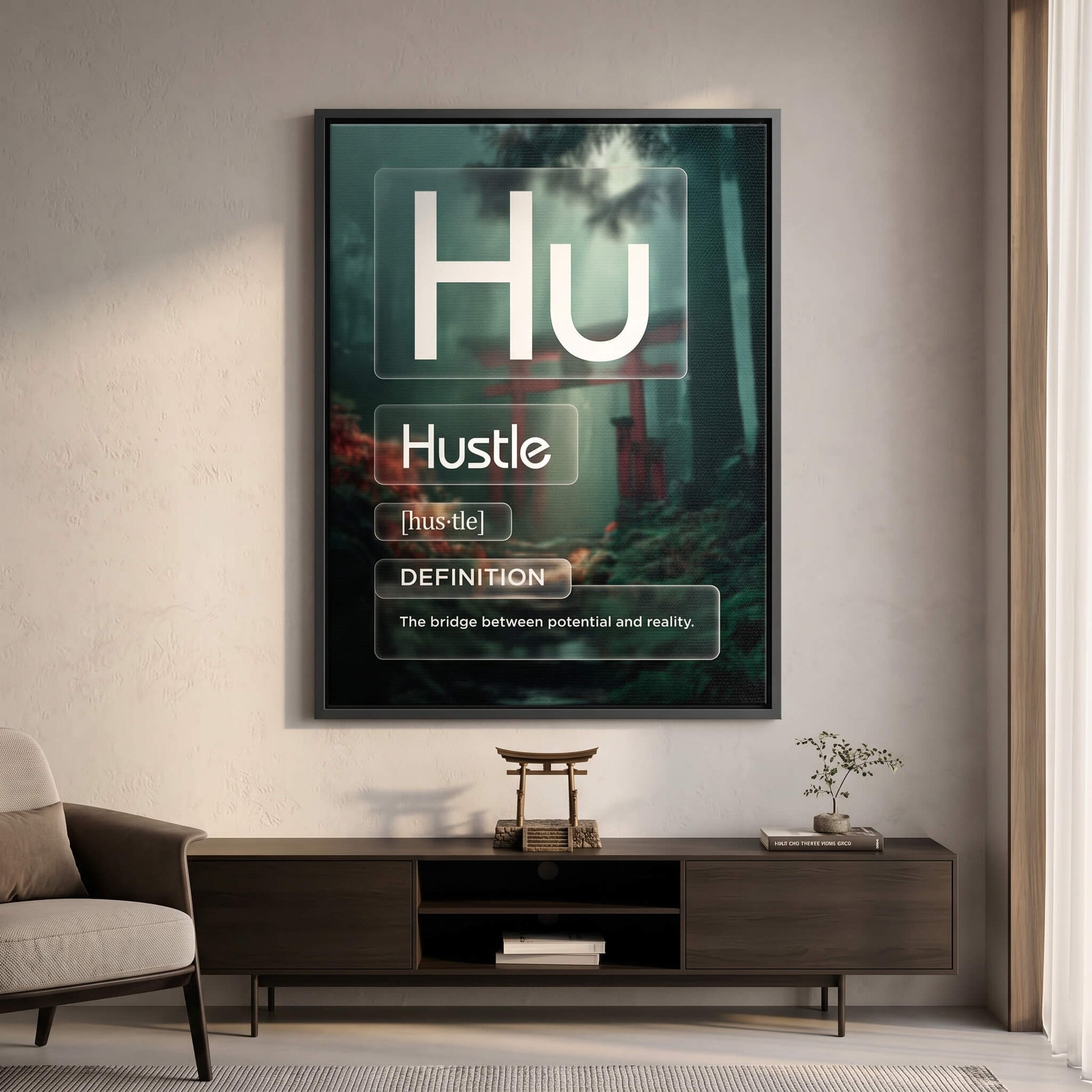 Hustle Leinwandbild Version Farbig im Raum – Motivation Typografie Wandbild von DOTCOMCANVAS®