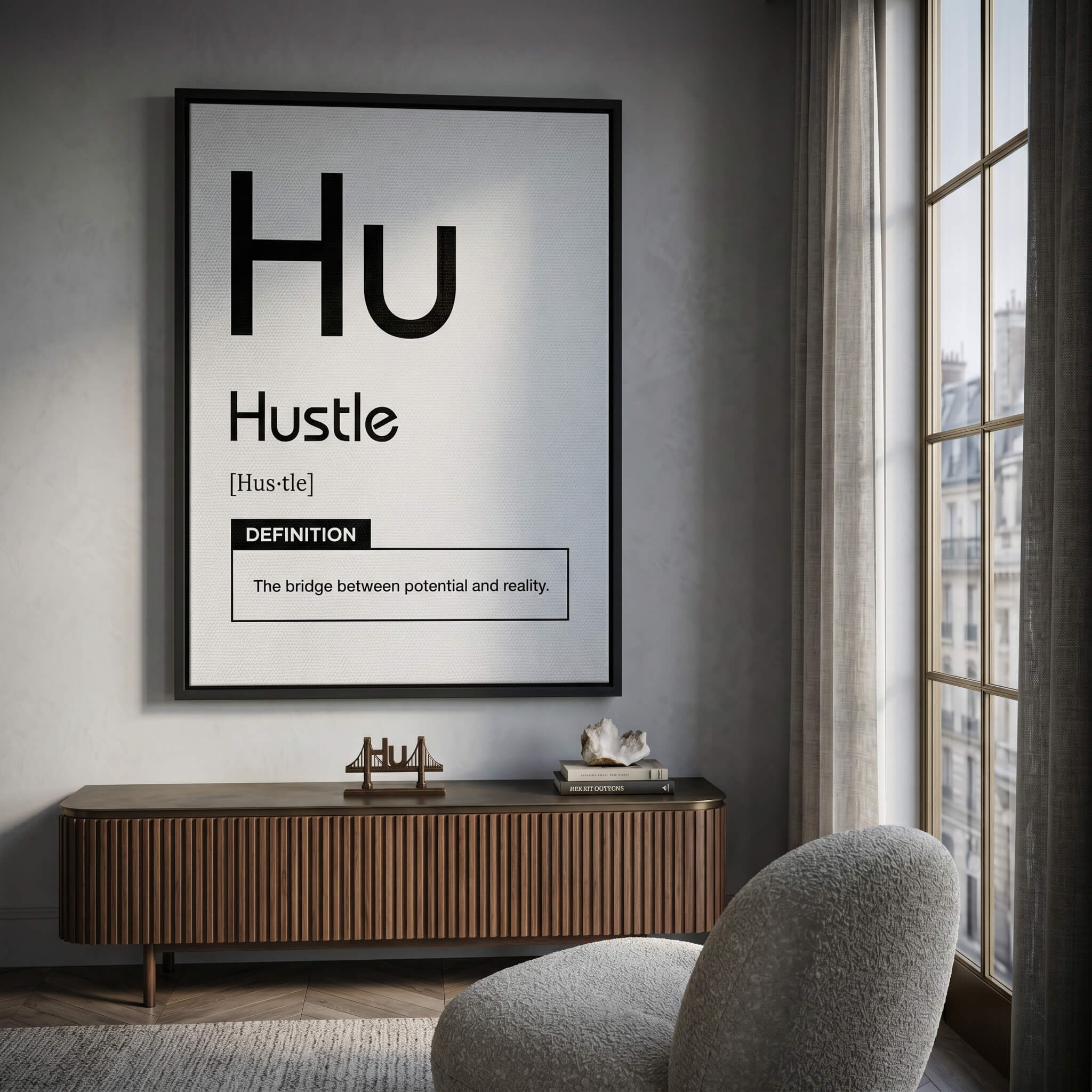 Hustle Leinwandbild Version Weiß im Raum – Motivation Typografie Wandbild von DOTCOMCANVAS®