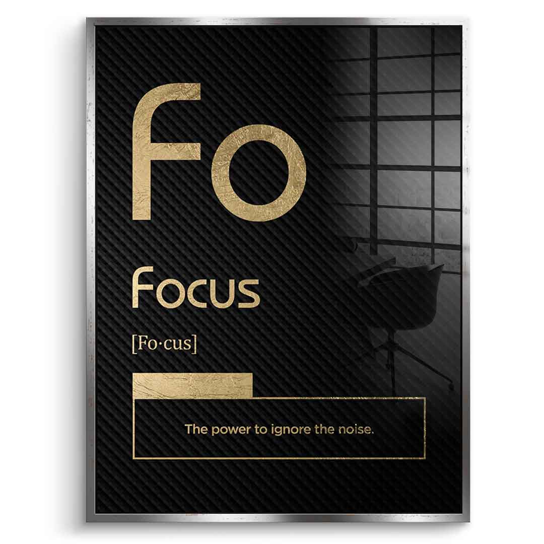 DOTCOMCANVAS® Focus (Fo) Acrylglasbild Version Schwarz – Vorderansicht Weißer Rahmen