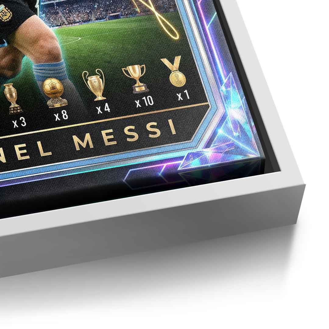 Messi Trade Card Leinwandbild weißer Rahmen