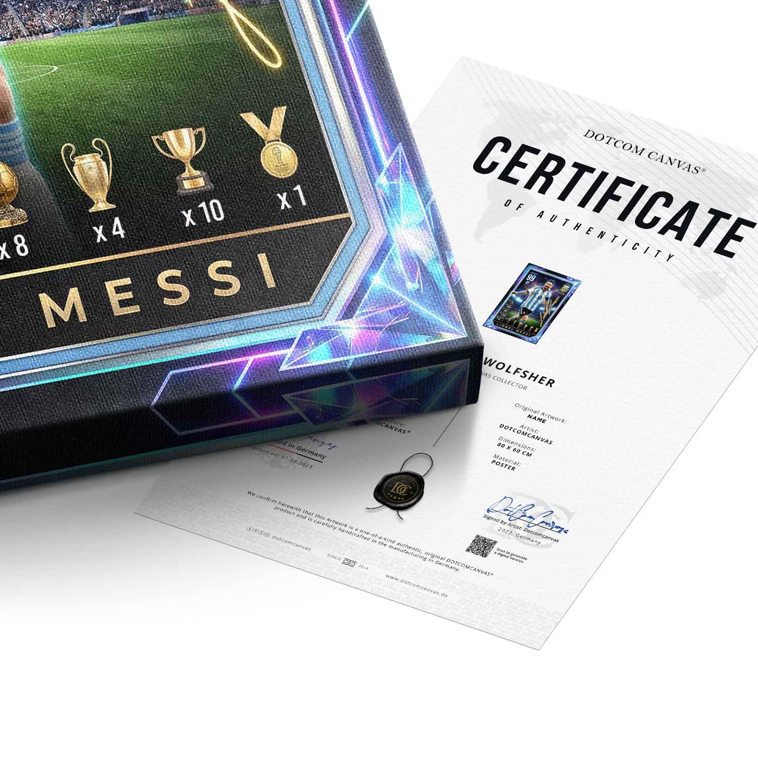 Messi Trade Card Leinwandbild goldener Rahmen