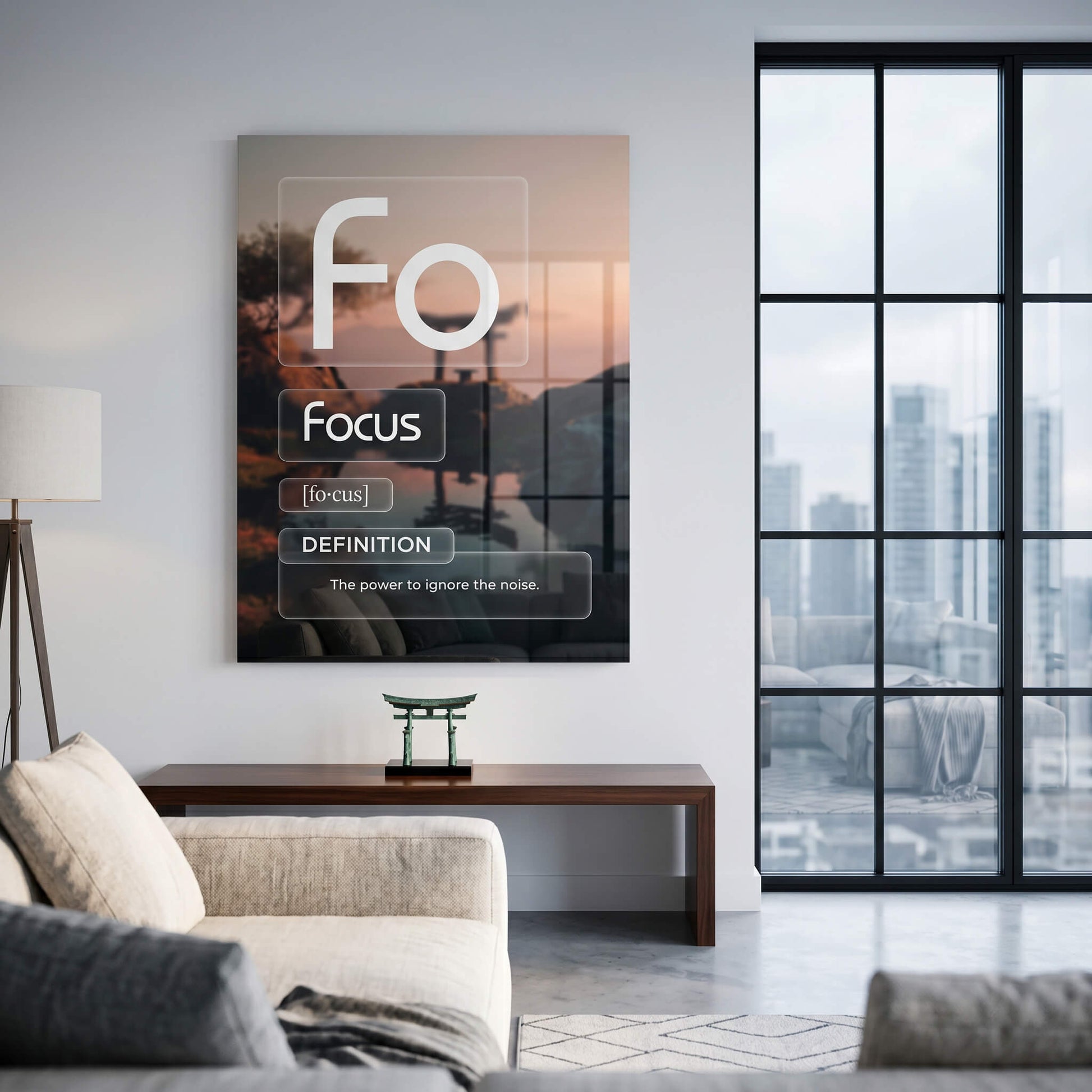DOTCOMCANVAS® Focus (Fo) Acrylglasbild Version Farbig – Raum-Mockup