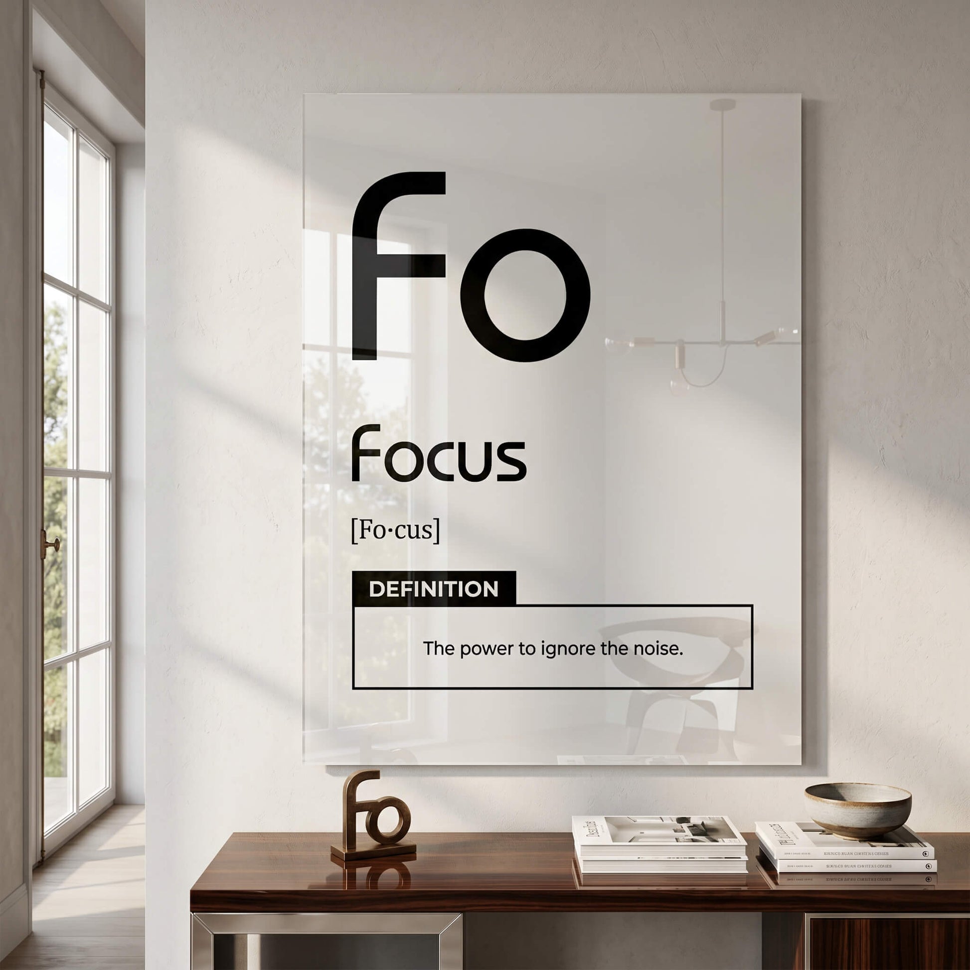 DOTCOMCANVAS® Focus (Fo) Acrylglasbild Version Weiß – Raum-Mockup