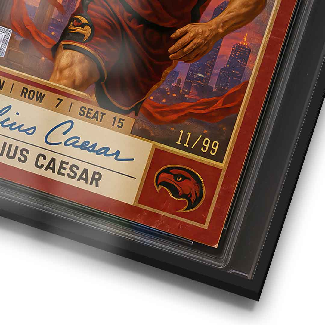 DOTCOMCANVAS Julius Caesar Basketball Card Poster Pop Art – Detailansicht im Rahmen
