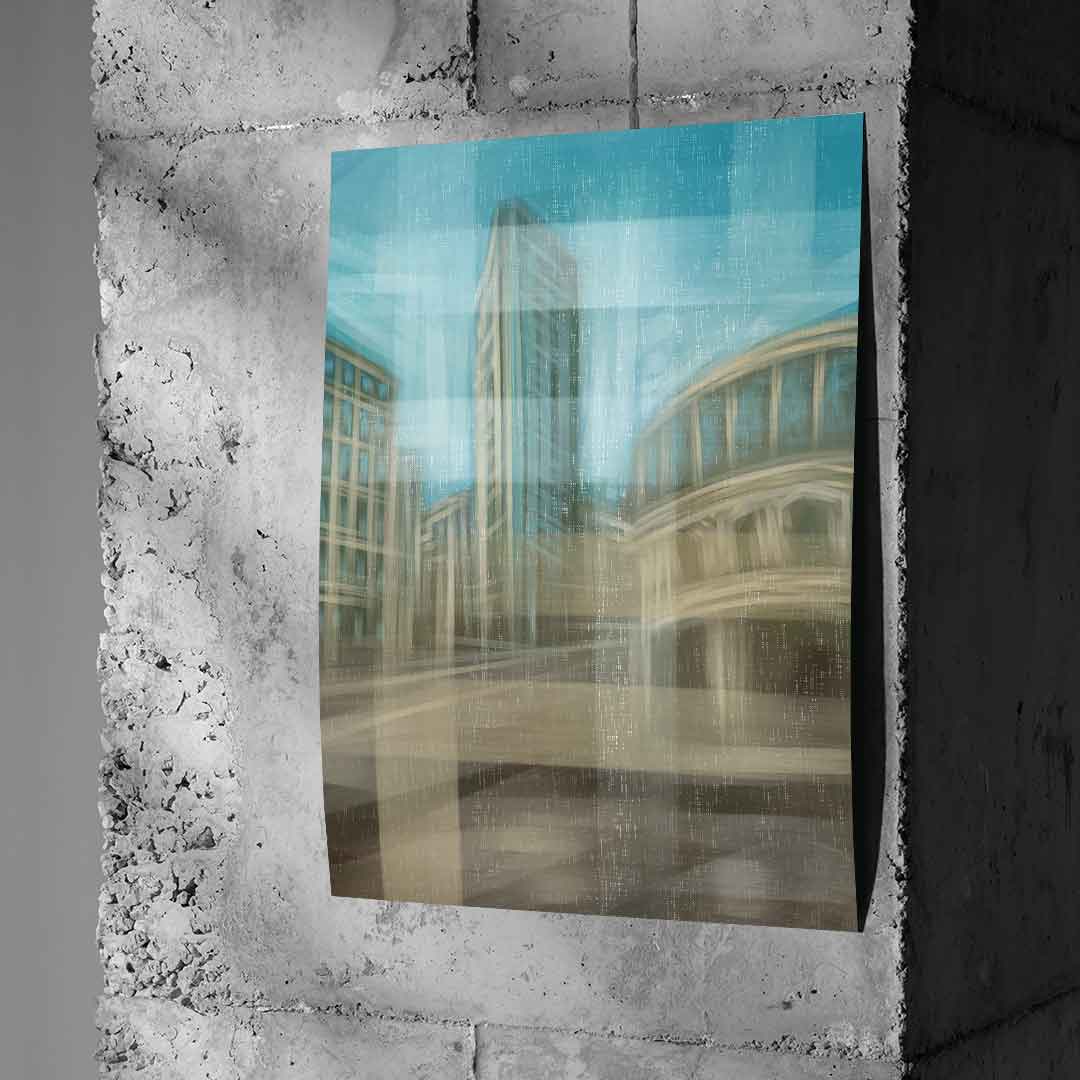 City in the Embrace of Golden Mist Poster an Betonwand