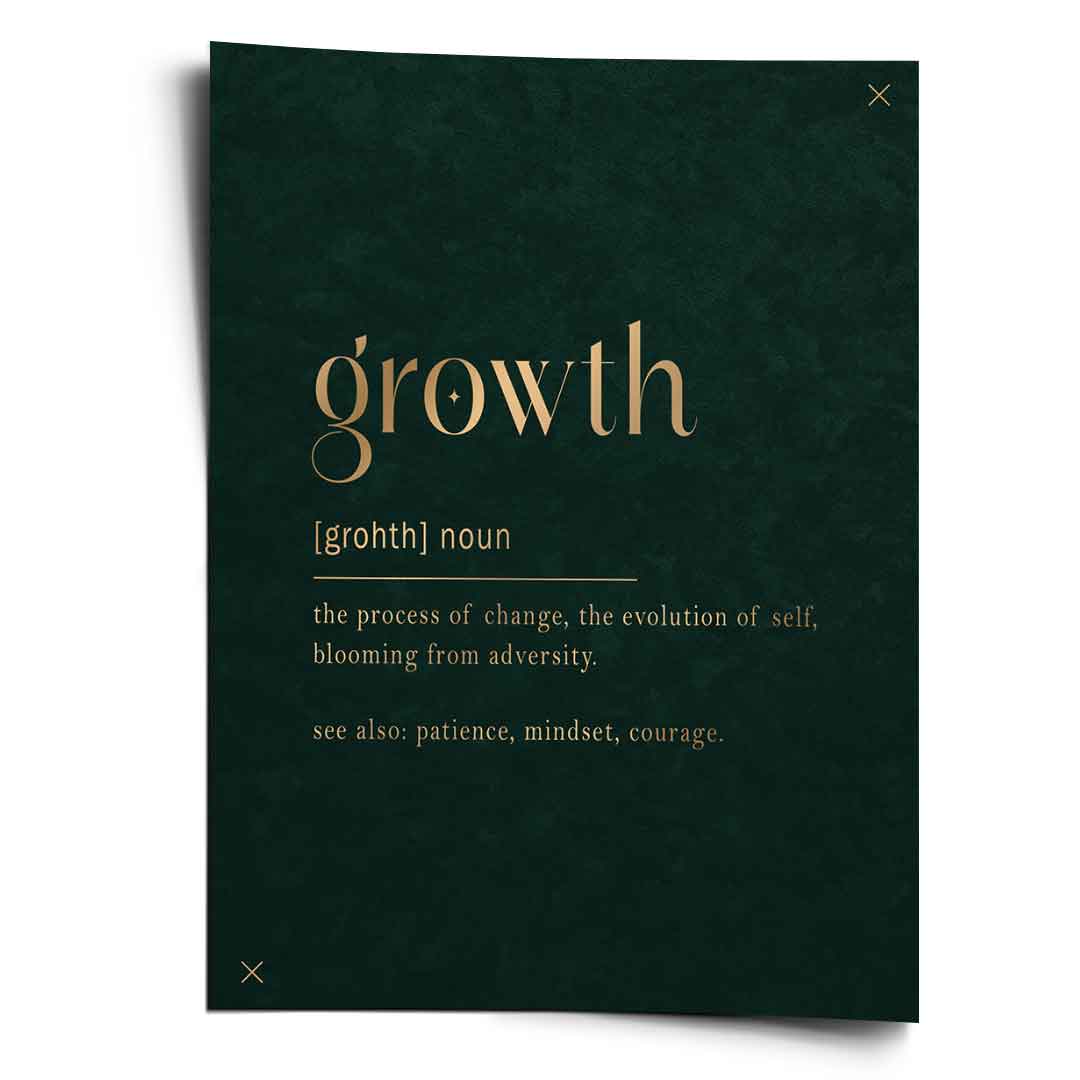 DOTCOMCANVAS Growth Poster Frontansicht - motivierendes Typografie Wandbild growth in Gold auf Dunkelgrün