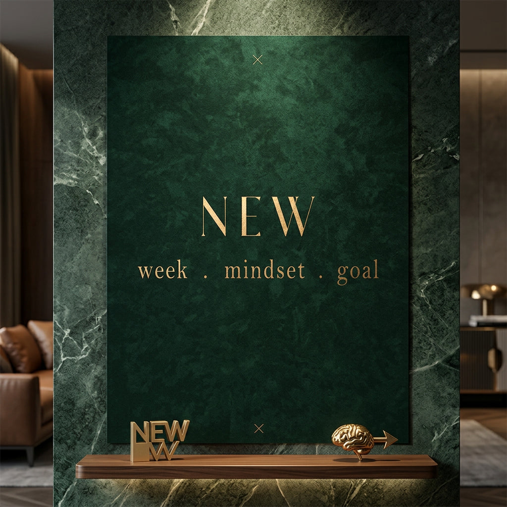 DOTCOMCANVAS NEW week, mindset, goal – motivierendes Typografie-Wandbild, goldene Serifen-Schrift auf dunkelgrünem Hintergrund – Poster Ansicht 2