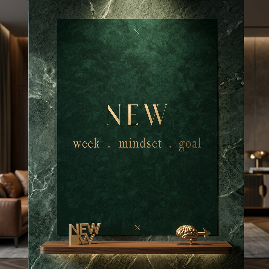 DOTCOMCANVAS NEW week, mindset, goal – motivierendes Typografie-Wandbild, goldene Serifen-Schrift auf dunkelgrünem Hintergrund – Poster Ansicht 2