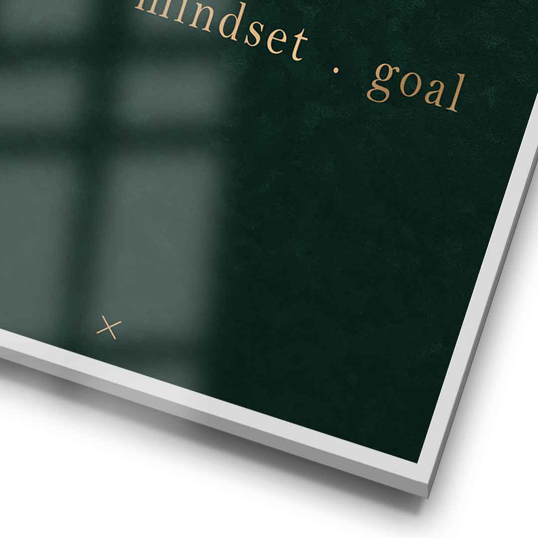 DOTCOMCANVAS NEW week, mindset, goal – motivierendes Typografie-Wandbild, goldene Serifen-Schrift auf dunkelgrünem Hintergrund – Poster Ansicht 4
