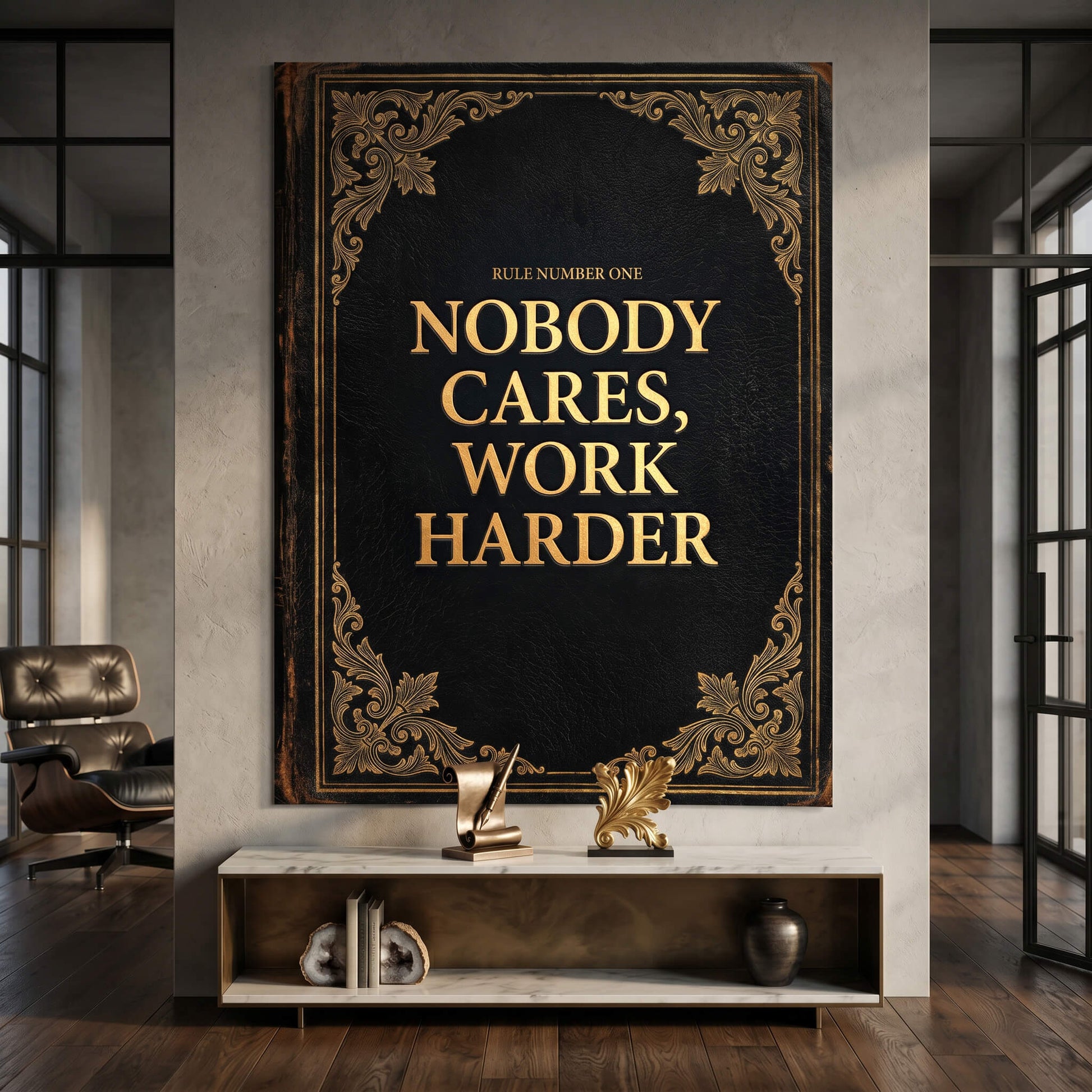 DOTCOMCANVAS® Nobody cares. Work harder Poster – im Raum
