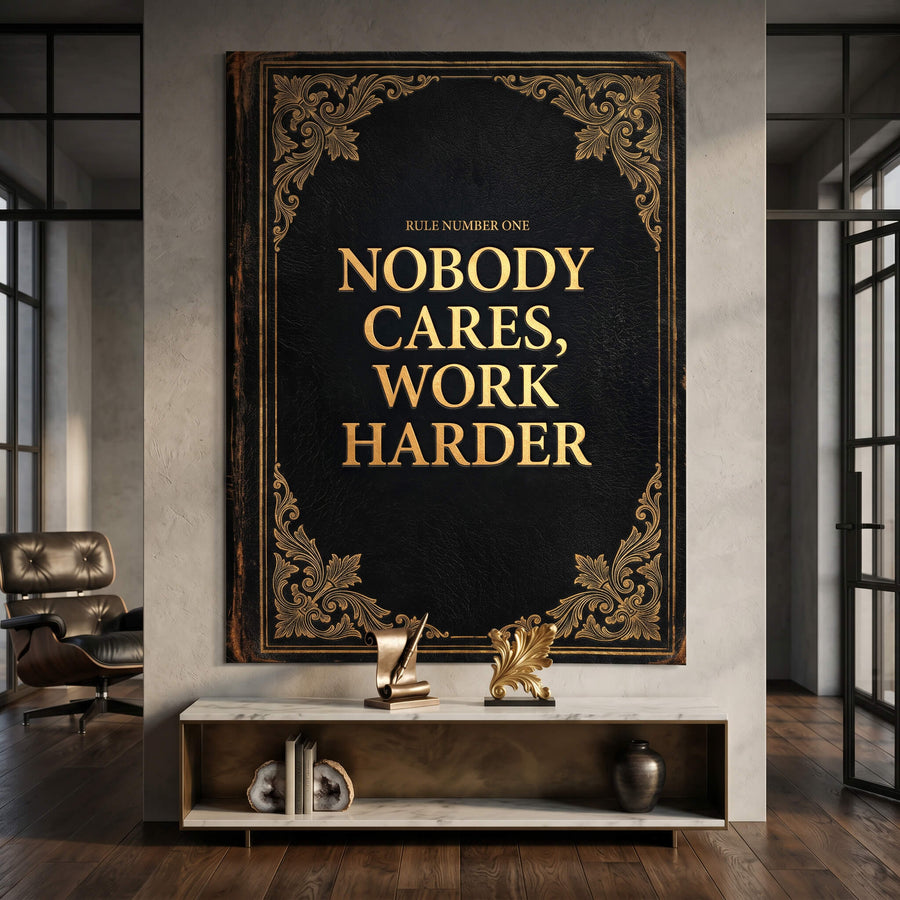 DOTCOMCANVAS® Nobody cares. Work harder Poster – im Raum