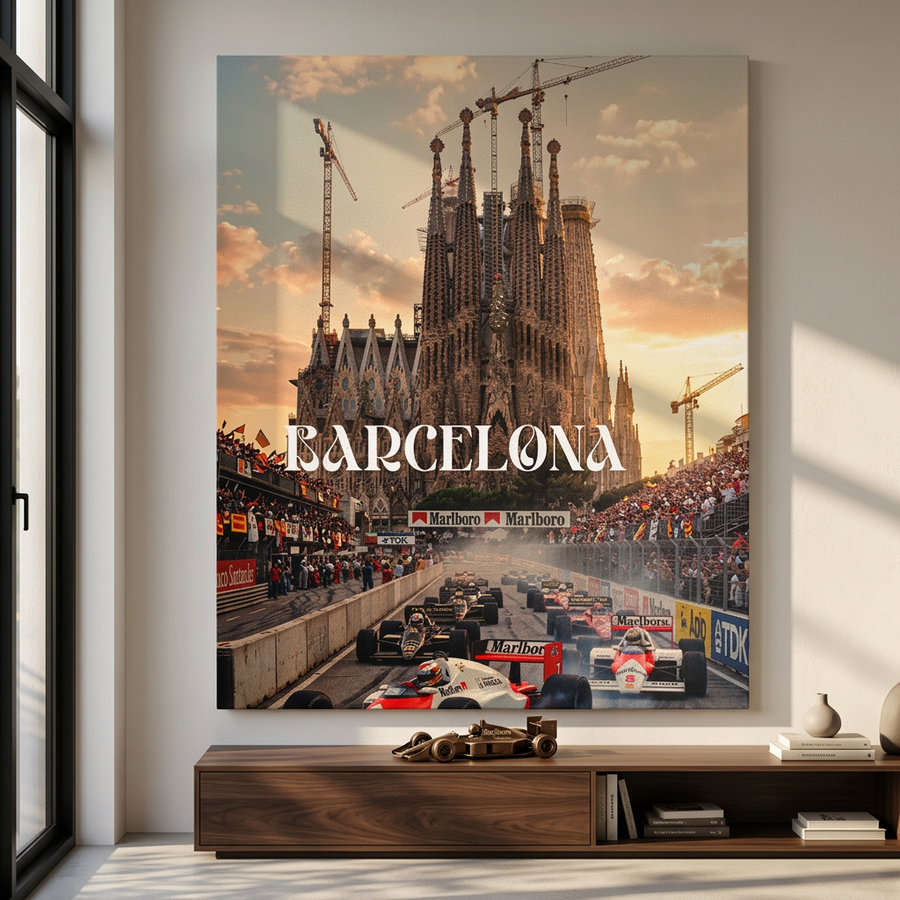 DOTCOMCANVAS Barcelona F1 Leinwandbild Raumansicht Wohnambiente