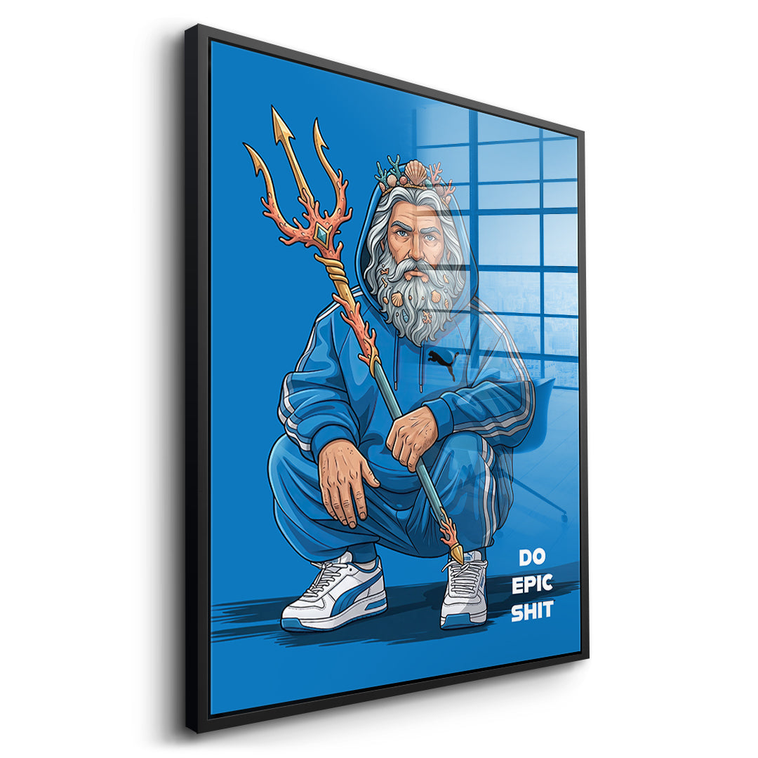 Poseidon Swag Acrylglasbild Seitenansicht schwarzer Rahmen