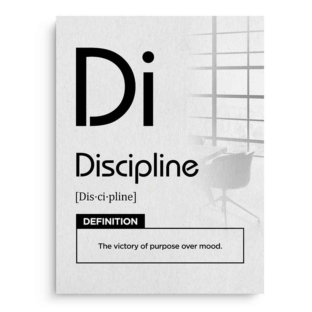 DOTCOMCANVAS® Discipline (Di) Acrylglasbild Version Weiß – Vorderansicht Schwarzer Rahmen