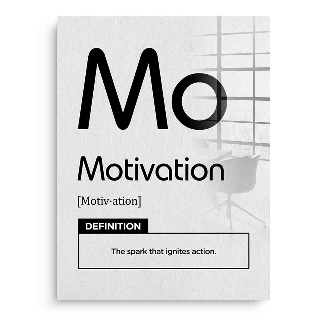 DOTCOMCANVAS® Motivation (Mo) Acrylglasbild Version Weiß – Vorderansicht Schwarzer Rahmen