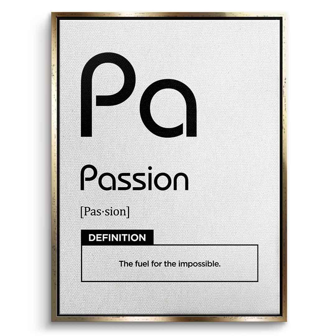 DOTCOMCANVAS® Passion (Pa) Leinwandbild Version Weiß – Vorderansicht Goldener Rahmen