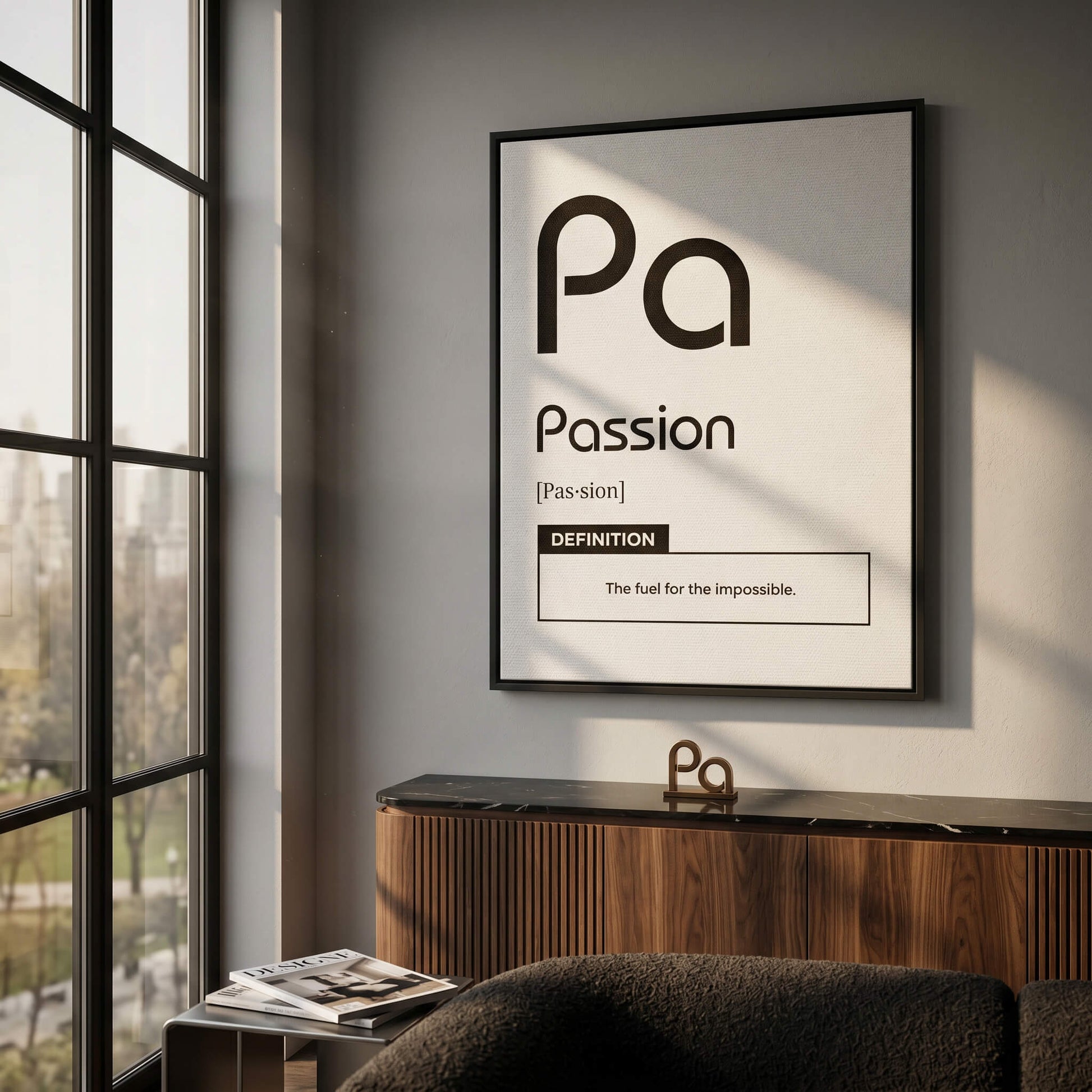 DOTCOMCANVAS® Passion (Pa) Leinwandbild Version Weiß – Raum-Mockup