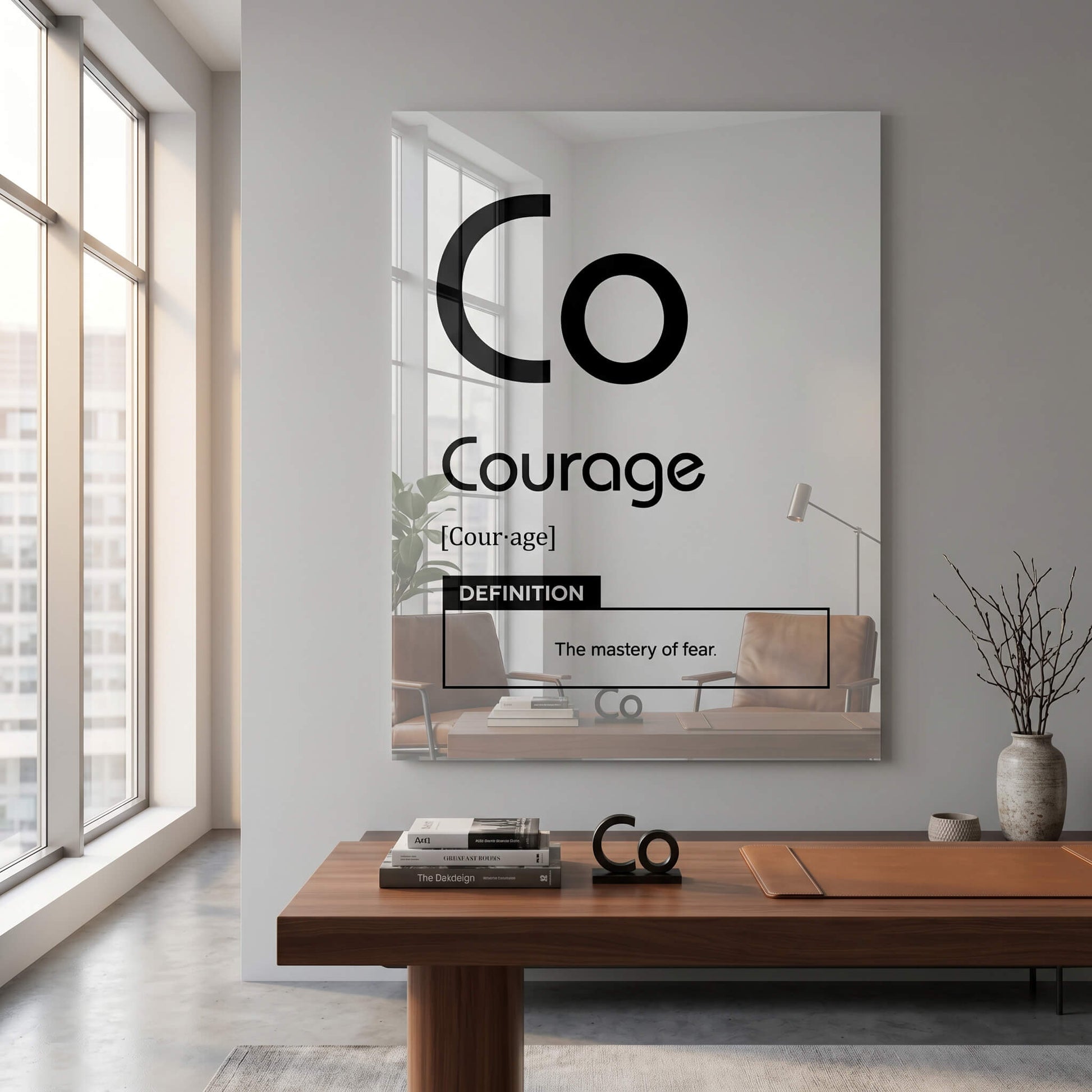 DOTCOMCANVAS® Courage (Co) Acrylglasbild Version Weiß – Raum-Mockup