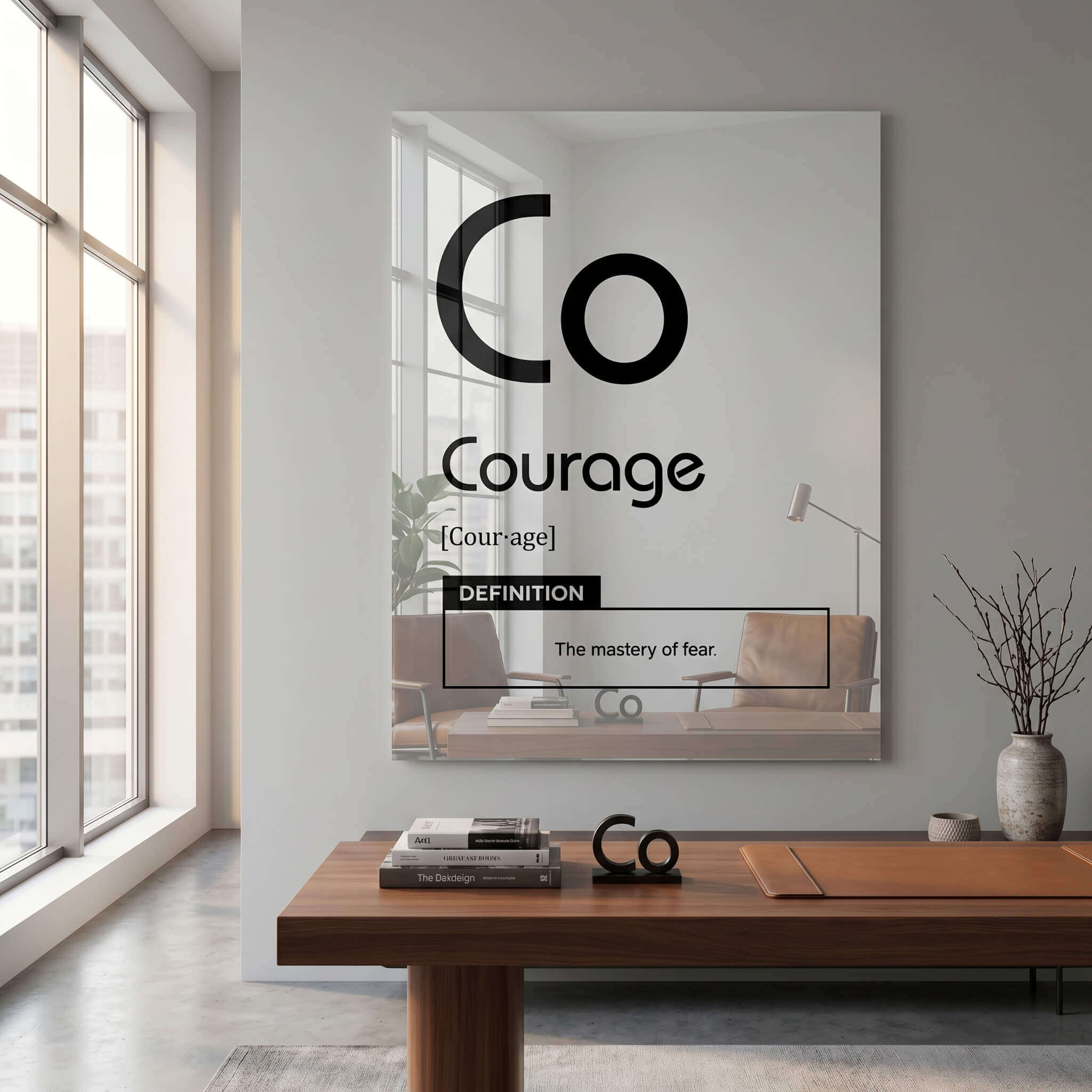 DOTCOMCANVAS® Courage (Co) Acrylglasbild Version Weiß – Raum-Mockup