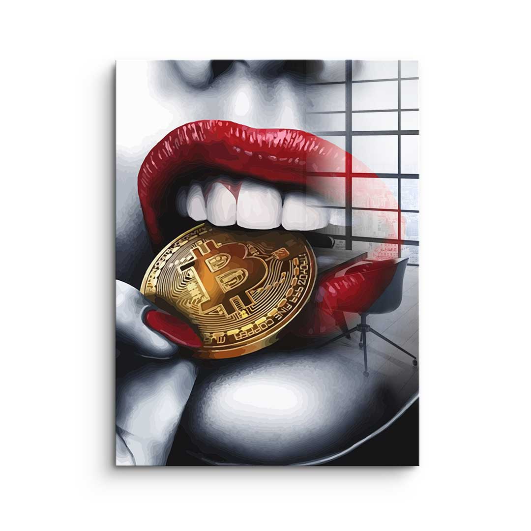 Acrylic Glass Art Bitcoin girl Crypto Coin elegant erotic red lips with