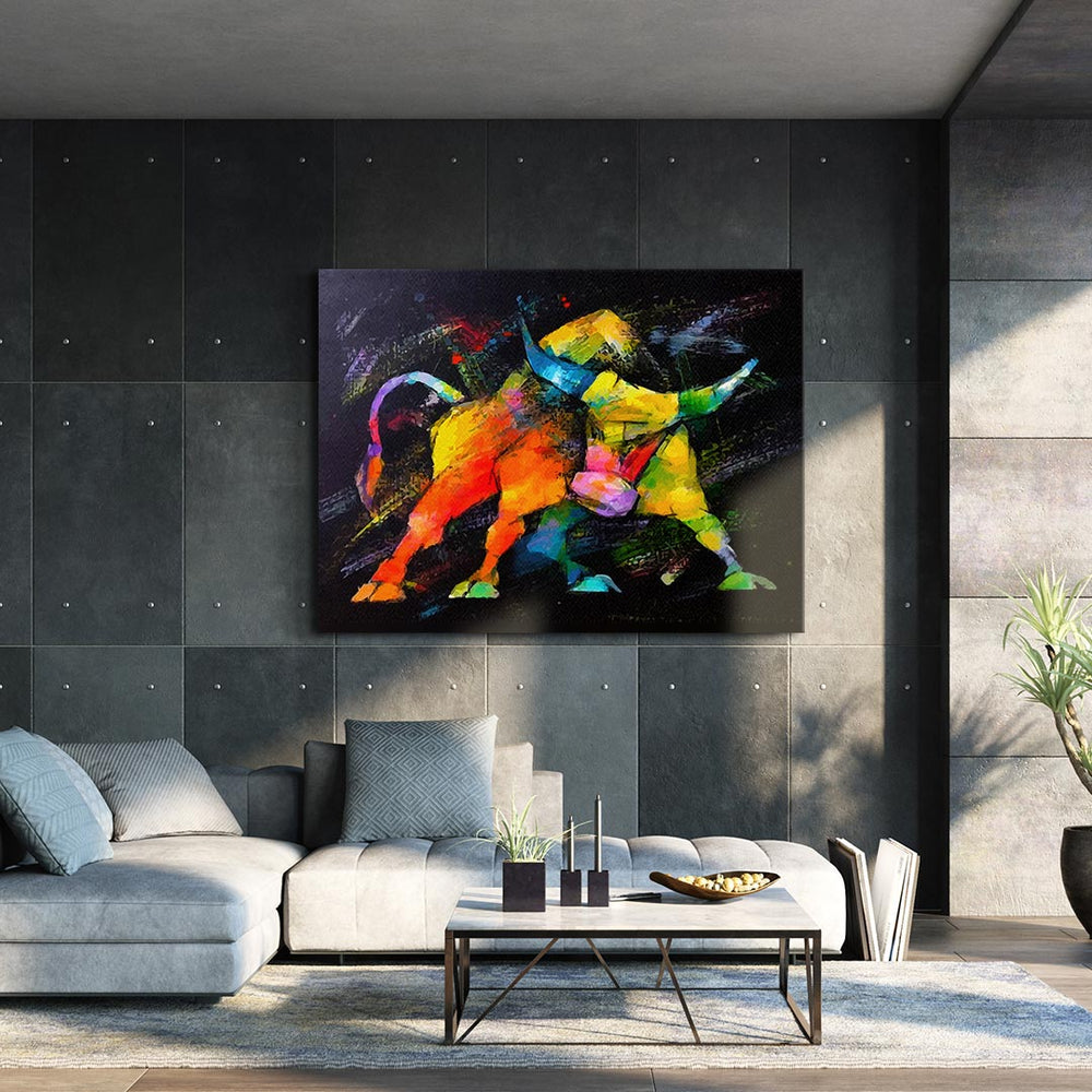 Wandbild Börse Daytrader Forex Trading büro office Dekoration streetart bunt Wilder Bulle